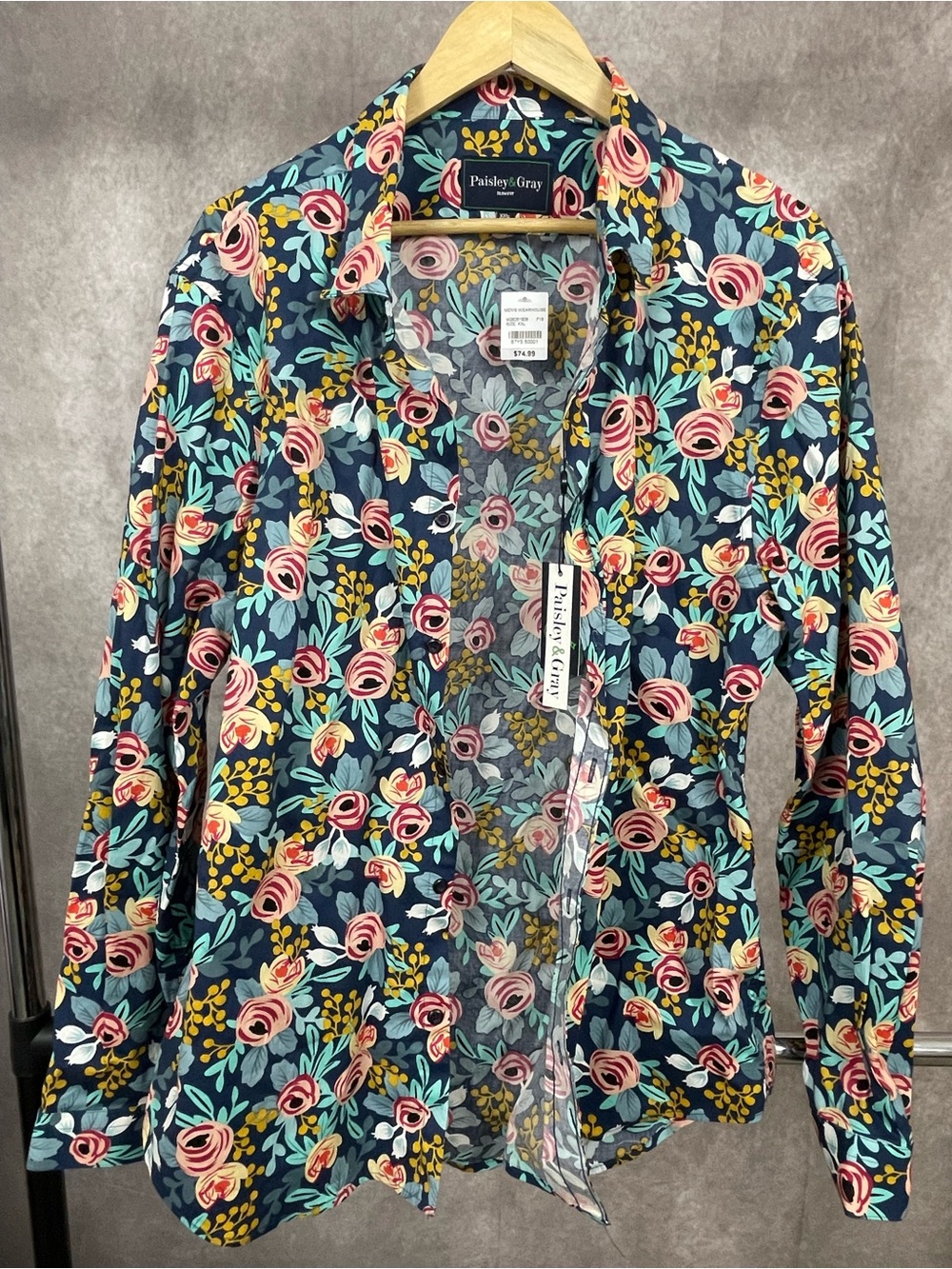 Paisley & Gray Navy Floral Button-Down Shirt with Pink & Teal Accents Slim Fit
